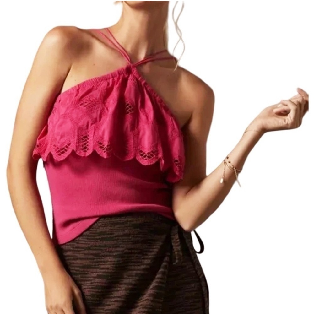 Anthropologie Pink Lace Halter Tank Top